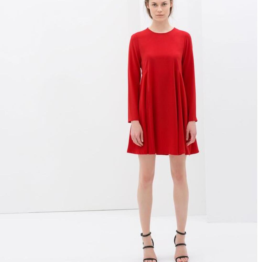 Women's Size Large Zara Woman Red Babydoll Long Sleeve Swing Dress 4043/049
